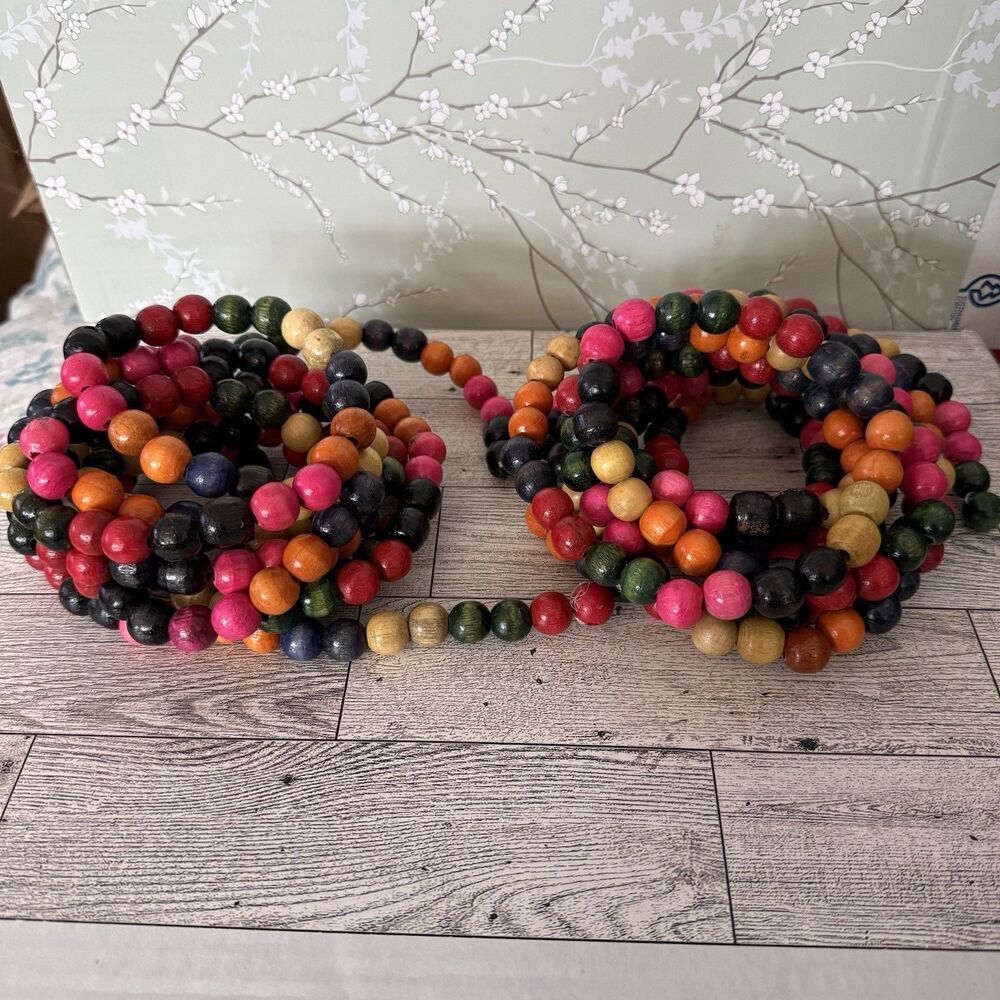 Vintage 9 ft WOODEN BEAD Christmas Tree Garland Strands Multi-Color LOT OF 2